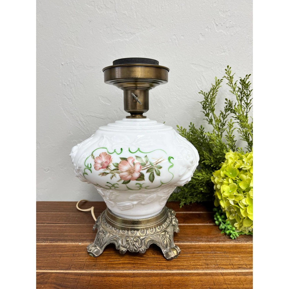Vintage Hurricane 3-way Milk Glass Globe Floral Gone with the Wind Lamp Base